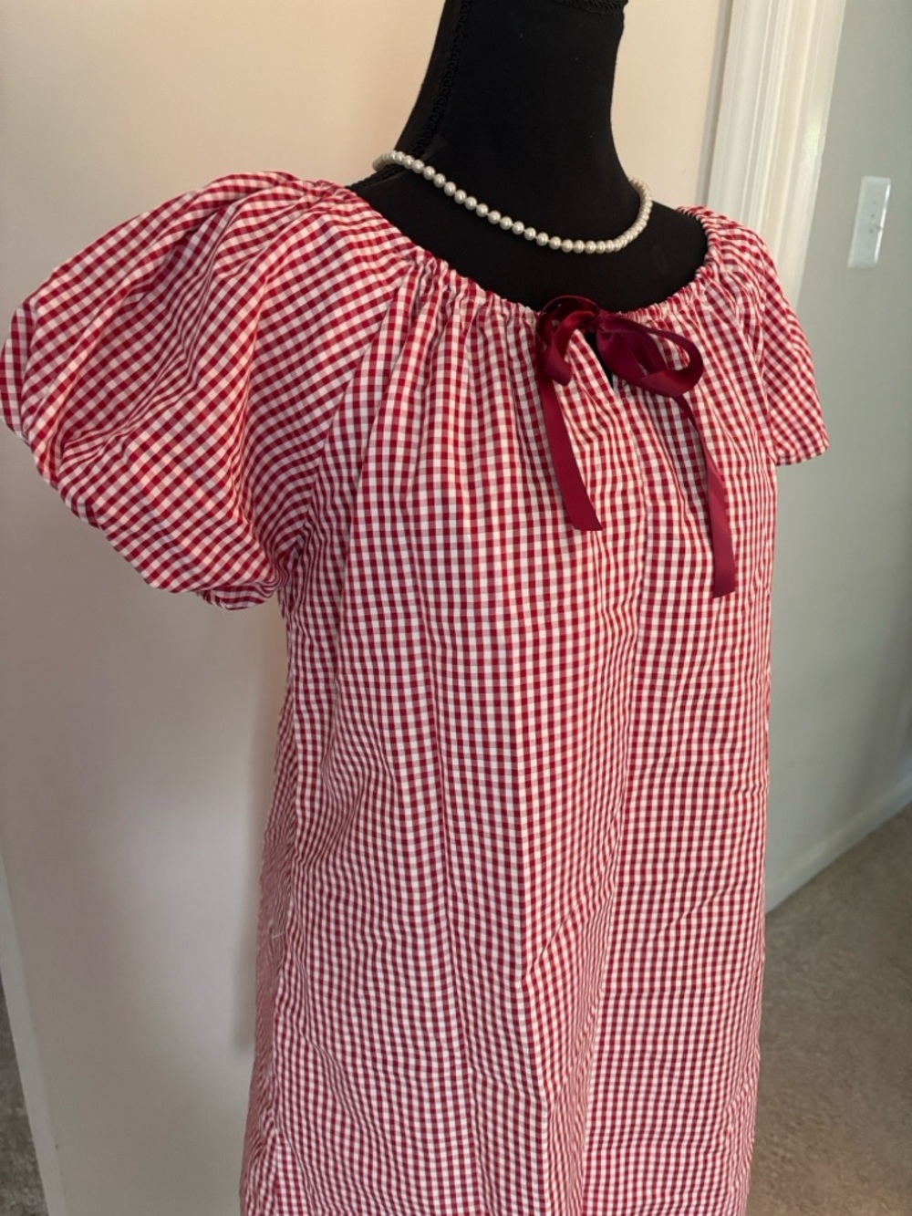Red and White Gingham Puff Sleeve Peasant Dress with Ribbon w Pockets!